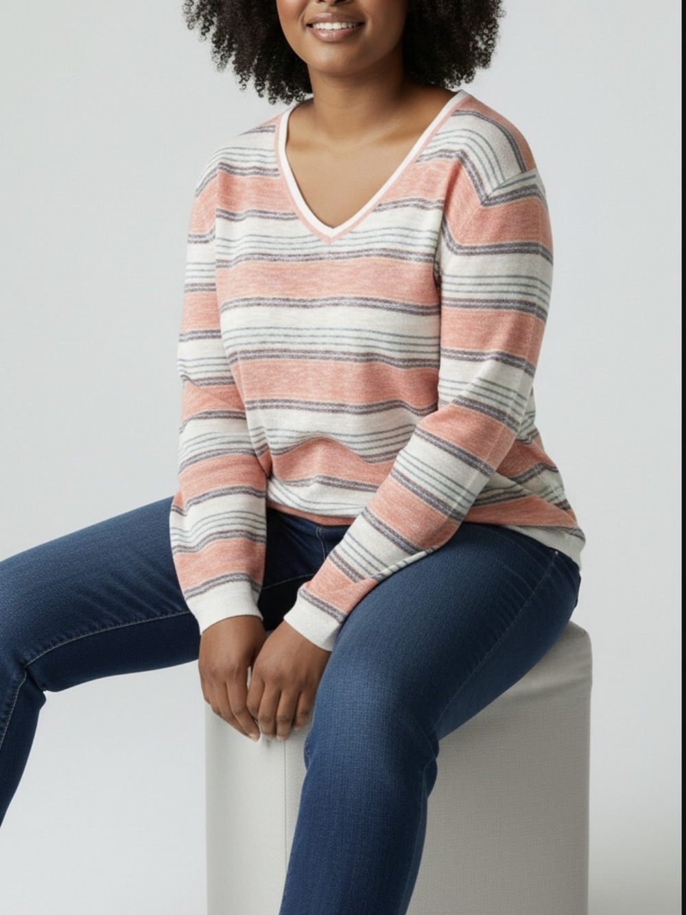 Tommy Hilfiger Coral and Cream Striped V-Neck Sweater